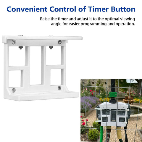 Simple No-Fuss 4-Port Smart Hose Timer Wall Mount Kit for B-Hyve XD Holder shown with garden setup and installation detail.