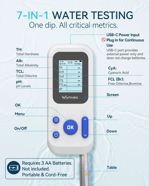 Digital 7 In 1 Water Test Kit showing screen details for chlorine, bromine, pH, alkalinity, and hardness for pool testing.