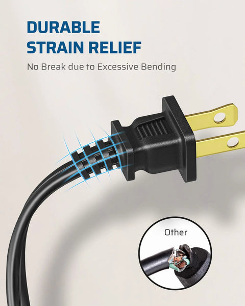 Three Outlet Indoor Extension Cord Pack, 3 Ft 16 AWG Power Strip, 2 Prong Plug, Black, ETL Listed strain relief detail