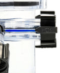 Close-up of clear Dual Flush Pro RV Holding Tank Rinser for Camper and Travel Trailer, showing 3-inch gate valve and hose connector.