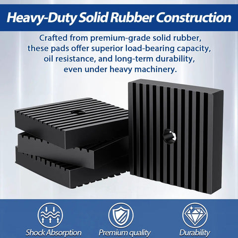 Straight Up Heavy Duty Rubber Shock Isolation Pads Eight Pack showing solid rubber blocks for vibration dampening under machinery.