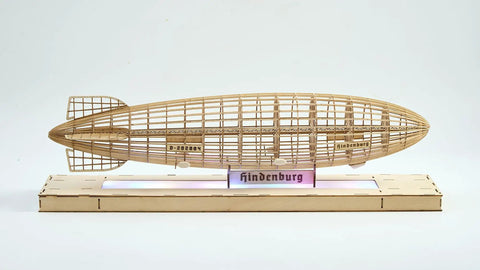 1:453 Scale Hindenburg Zeppelin Wooden 3D Puzzle Model with Wooden Light Box and Acrylic Dust Shield, side view