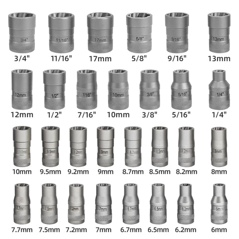Heavy Duty Bolt Extractor Set 32 Pieces For Stripped Bolts And Lug Nuts in various sizes, front view showing individual sockets.
