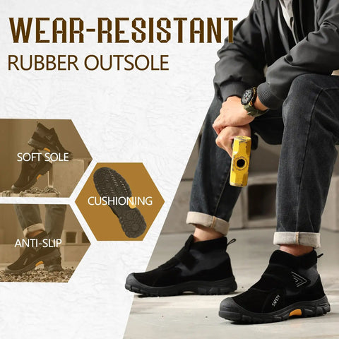 Men's Slip On Steel Toe Welding Work Boots With Hook And Loop Closure Rugged High Top Safety Boots For Welders in use.