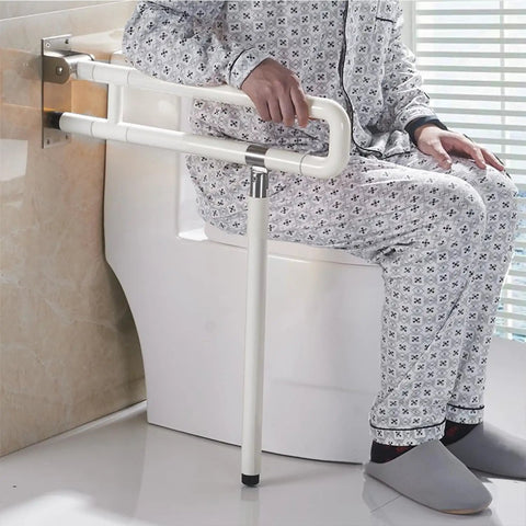 Foldable Toilet Grab Bar For Bathroom Safety, 29.5 Inch Anti Slip Hand Rail, Flip Up Toilet Bar For Elderly And Disabled with person seated