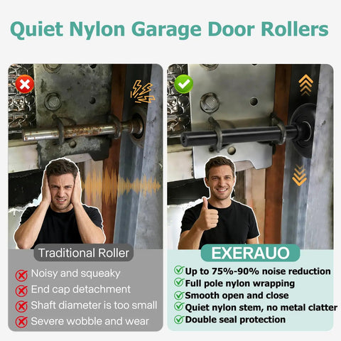 Comparison of noisy traditional roller with 12 Pack Black 2 Inch Nylon Garage Door Rollers With 4 Inch Nylon Layer Stem For Quiet Smooth Replacement Wheels Double Seal 6200 2RS Bearings To Cut Vibration And Noise On Your Garage Door