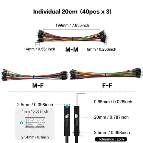 Long Header Jumper Wires Set 10Cm 20Cm 30Cm Multicolor Solderless Cables 120Pcs Assorted Kit with 40Pcs Per Type dimensions diagram