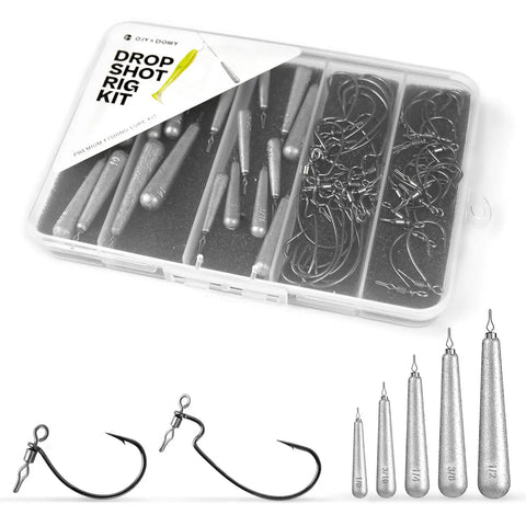 52 Pack Drop Shot Rig Kit With 8 Sizes Swivel Hooks And 20 Weights For Quick Drop Shot Rigging On Bass Fishing Trips No Tie Swivel Hooks Save Time Versatile Tackle For Easy Rigging And Better Bass Catch kit with hooks and weights in plastic case