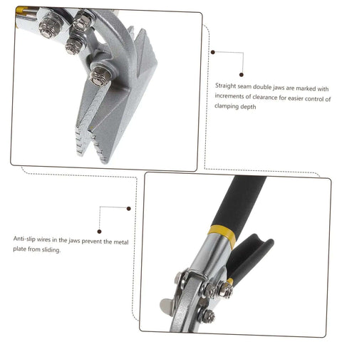 Close-up of Beefy Heavy Duty Metal Flattening Tool and Duckbill Pliers for seamers showing locking jaws and non-slip handle
