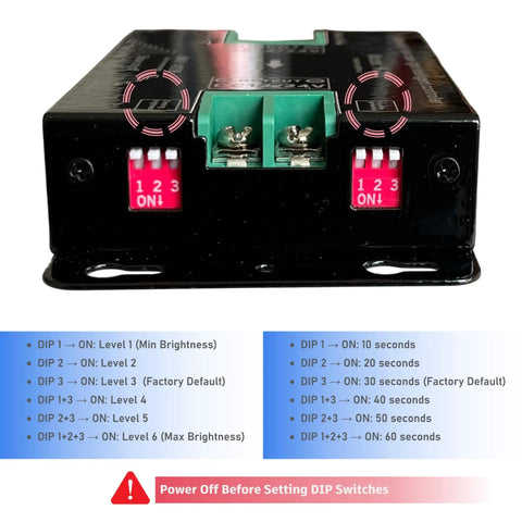 2 Wire PLC Motion Sensor Controller for Staircase and Hallway LED Lights With 12V And 24V Operation Linear Sensing Reduces False Triggers Adjustable Brightness And Delay Off Easy Install For Home Office Or Garage Lighting Projects. black controller with DIP switches