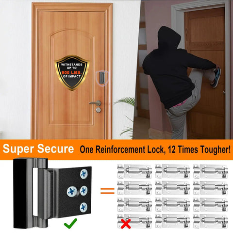 Heavy Duty Door Reinforcement Lock For Inside Use Upgraded Front Door Security For Kids Withstand 800 Lbs Of Force Child Proof Door Lock Extra Barrier From Inside 2 Pack Black installed on a wooden door.