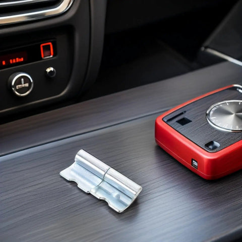 Heavy Duty Left Side Truck Cargo Box Panel Hinges Two Sets on a car console, durable metal for rugged use.
