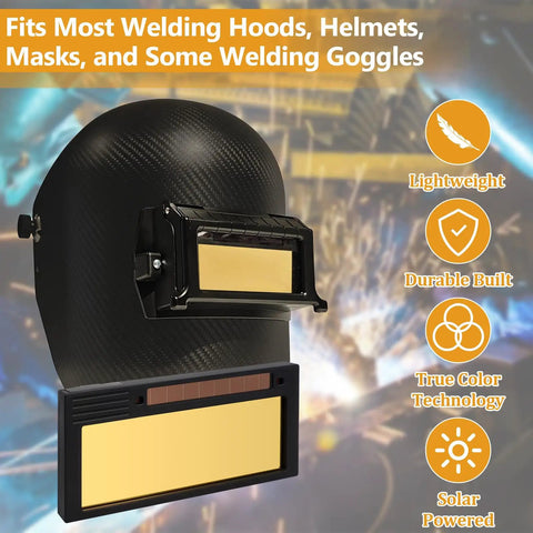 Shade 5-13 Auto-Darkening Welding Lens With True Color HD Deep Blue Weld View displayed with welding hood and features