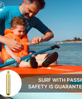 Father and child on paddleboard, child wearing life jacket; inset shows 33 Gram CO2 Cartridge Rearming Kit For Inflatable Life Jackets With Half Inch Threaded Cylinders Rapid Inflation Compatible With 3042C And C3042C Includes Tough D Rings For Attaching Accessories.
