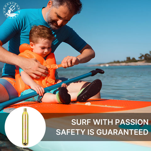 Father and child on paddleboard, child wearing life jacket; inset shows 33 Gram CO2 Cartridge Rearming Kit For Inflatable Life Jackets With Half Inch Threaded Cylinders Rapid Inflation Compatible With 3042C And C3042C Includes Tough D Rings For Attaching Accessories.