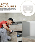 12 Pack Plastic Drawer Rail Guides installation in kitchen cabinets, worker fitting white drawer slides for smooth operation.