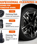 9 Piece Wheel Hub Cleaning Tool Kit With Polishing Pads For Power Drill And Half Inch Impact Wrench Pro Wheel Stud Cleaner Set, showing kit components