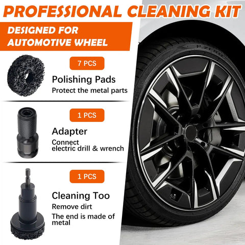 9 Piece Wheel Hub Cleaning Tool Kit With Polishing Pads For Power Drill And Half Inch Impact Wrench Pro Wheel Stud Cleaner Set, showing kit components