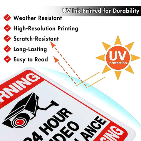 2 Pack No Trespassing Signs For Private Property With Round The Clock Video Surveillance Reflective Aluminum UV Protected Waterproof Security Camera Signs For Home Yard Fence Driveway 10 By 7 Inches, UV-protected close-up
