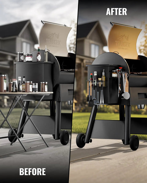 Comparison of grill organization before and after using Magnetic Storage Bin For Grills And Pellet Smokers, Heavy Duty Magnetic Organizer That Snaps Right Onto The Grill Hopper, Keeps Sauces Spices And Thermometers Handy, Compatible With Traeger Pro Series Ironwood 885 And 650, Z Grills And Pit Boss.