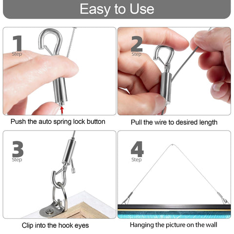 Heavy Duty Picture Hanging Wire Set 6.6 Foot Stainless Steel Rope With Hooks Mirror Frame Hanger Kit Supports Up To 100 Lbs Two Pack Silver Finish No Fuss Setup usage steps