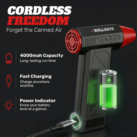 Powerful 130000 RPM Cordless Air Duster For Computers Electronics And Cars, rechargeable, black with red nozzle and power indicator