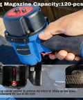 Close-up of Heavy-Duty 15 Degree Roofing Nailer With Coil Magazine showing hand gripping tool with magazine for 120 nails.