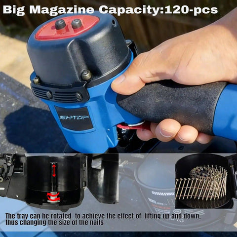 Close-up of Heavy-Duty 15 Degree Roofing Nailer With Coil Magazine showing hand gripping tool with magazine for 120 nails.