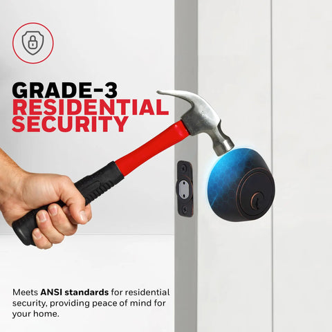 Double Cylinder Deadbolt Lock With Reversible Design For Left Or Right Handed Doors Anti Bump Security Oil Rubbed Bronze Finish Tough As Nails 3 By 5 By Eight Point Five Inch Housing Heavy Duty Home Security Model 8112409 showing hammer test against Grade-3 lock on white door.