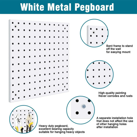 White pegboard with labeled features, part of Peg Board Kit With Hooks And Bins For Wall Organizer Ideal For Office And Craft Rooms Display Ornaments And Keepsakes Includes Pegboard And Accessories For Easy DIY Storage And Awesome Organization.