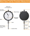 Diagram of 0 To 1 Inch Dial Indicator With 0.001 Inch Resolution, showing parts like bezel, spindle, and contact point