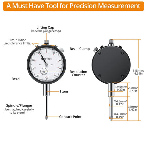 Diagram of 0 To 1 Inch Dial Indicator With 0.001 Inch Resolution, showing parts like bezel, spindle, and contact point