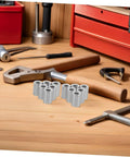 Beaupretty Heavy Duty Extended Round Stainless Steel Coupling Nuts For M8 And M6 Threaded Rods, 20 Pack on workbench with tools.
