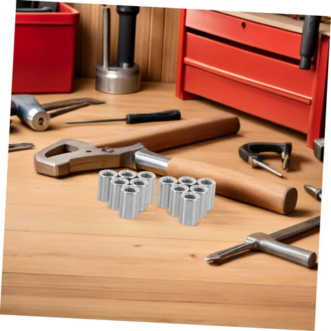 Beaupretty Heavy Duty Extended Round Stainless Steel Coupling Nuts For M8 And M6 Threaded Rods, 20 Pack on workbench with tools.