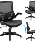 All Day Comfort Ergonomic Office Chair With Swivel Mesh Back PU Leather Seat Boss Level Support Adjustable Lumbar Flip Up Armrests Smooth Casters Tilt Lock Great For Home Office Desk Work And Long Sessions