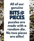 "All our genuine puzzles made with a random die, no two pieces alike" text with puzzle background, 300 Piece Hot Air Balloon Festival Puzzle For Adults By Michael David Ward, Colorful Balloon Collage Artwork, Fun And Challenging, Completed Size 18 By 24 Inches.