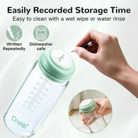 Knock Out Wide Neck Glass Breastmilk Bottles Two Pack With Secure Screw Ring And Removable Marking Lid Bpa Free No Sweat safe for noting storage time.