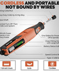 Cordless 4V Rotary Tool Kit With All In One 64 Piece Accessory Set 2500mAh LiIon Battery Five Speed Dial in bright orange case.