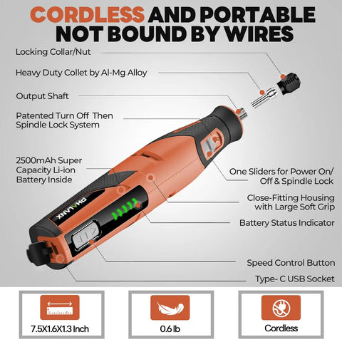 Cordless 4V Rotary Tool Kit With All In One 64 Piece Accessory Set 2500mAh LiIon Battery Five Speed Dial in bright orange case.
