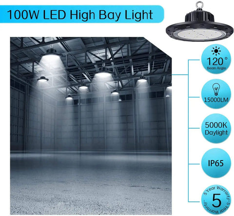 100W LED high bay light illuminating a large warehouse, showcasing its 120° beam angle and IP65 waterproof rating.