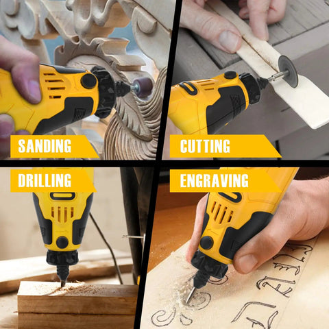 Cordless Rotary Tool Kit With 6 Speed Settings Up To 35,000 RPM used for sanding, cutting, drilling, engraving on various surfaces.