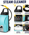 Pro 3000W Heavy Duty Steam Cleaner With 3.5L Tank For Intense Heat And Pressure Cleaning Adjustable Flow Control For Floors Tiles And Surfaces Blue features portable handle and braided hose.