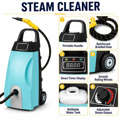 Pro 3000W Heavy Duty Steam Cleaner With 3.5L Tank For Intense Heat And Pressure Cleaning Adjustable Flow Control For Floors Tiles And Surfaces Blue features portable handle and braided hose.