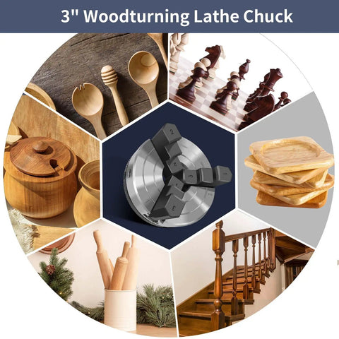 Three Inch Wood Lathe Chuck Set With Self Centering Three Jaws For Precise Turning among wooden kitchenware and chess pieces