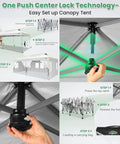 Installation guide for 10x20 Pop Up Canopy Tent With 6 Removable Sidewalls, One Push Center Top Setup, illustrated step-by-step.