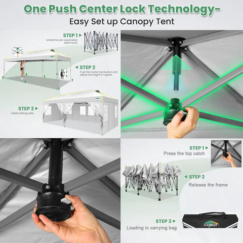 Installation guide for 10x20 Pop Up Canopy Tent With 6 Removable Sidewalls, One Push Center Top Setup, illustrated step-by-step.