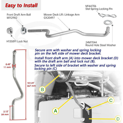Front Draft Mower Deck Lift Linkage Arm Replacement Kit With Rod Ball Joint Washer Lock Nut And Spring Pin For Riding Lawn Mower Fits L100 L108 L110 L111 And Scotts L2048 L2548, steel parts shown