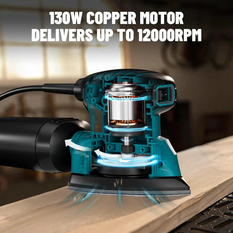 130W Detail Sander With 12000 RPM Palm Power And Copper Motor Dust Collection System cutaway view showing motor detail
