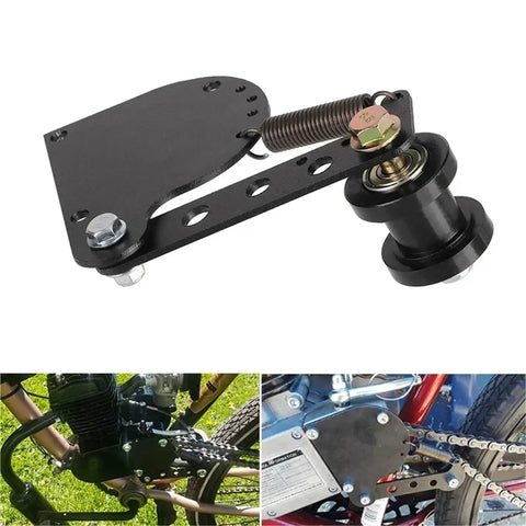 Rock Solid Chain Tensioner Spring Kit For Stroke Engine Electric Bikes And Motocross With Adjustable Roller Accessory To Stop Loopy Chains And Keep Your Ride Smooth For Long Hauls Without Hassles. black steel chain tensioner with spring roller