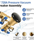 One Inch Solid Brass Backflow Preventer Valve For Lawn Irrigation And Garden Sprinklers Built To Last Vacuum Breaker Assembly Up To 400 PSI Heavy Duty Commercial Water System Fitting with blue handles and water splash background